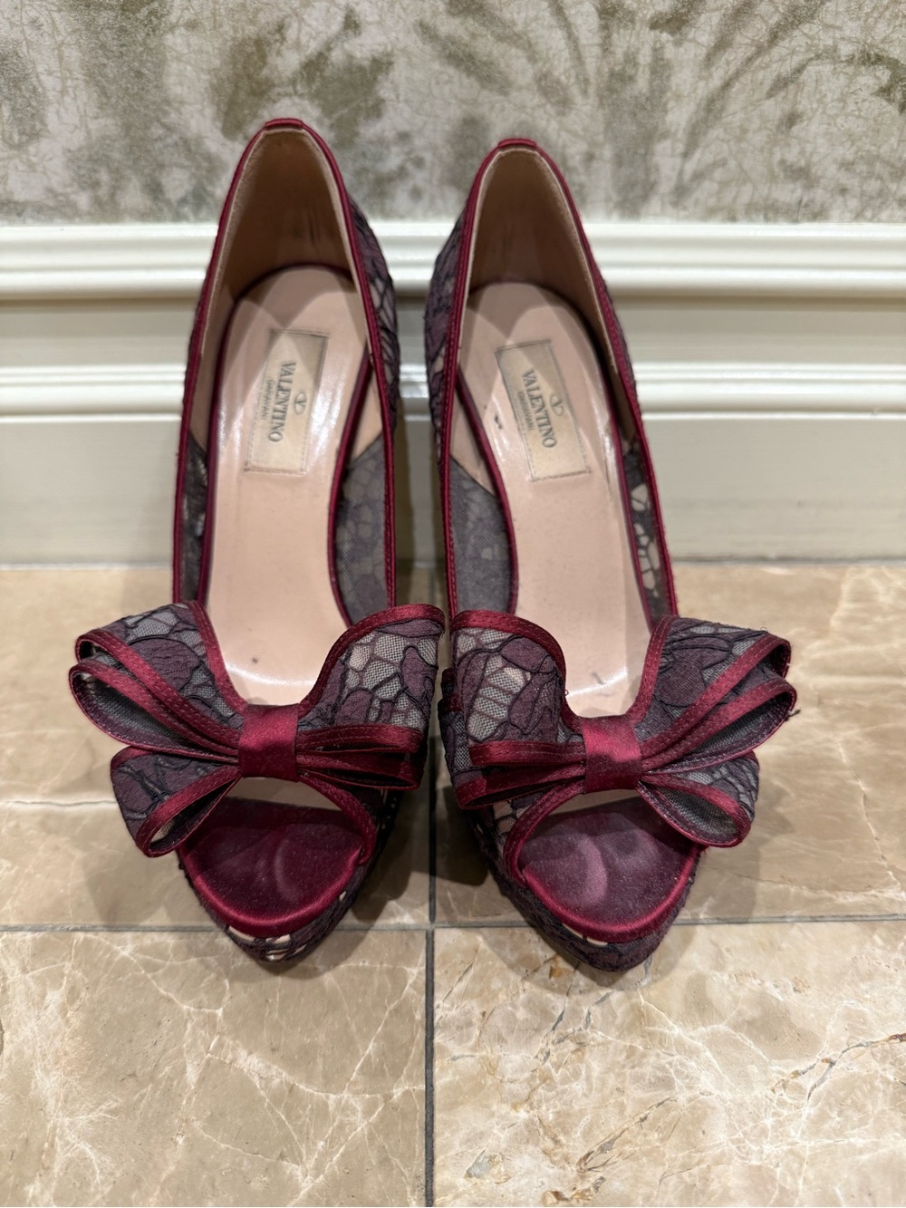 Valentino Burgundy and Black Lace Peep-Toe Bow Pumps
